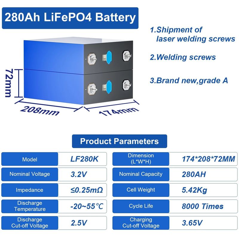 3.2V 280Ah Lifepo4 Bataryası 105AH LFP4 Lityum Demir Fosfat Bataryası Ebike için